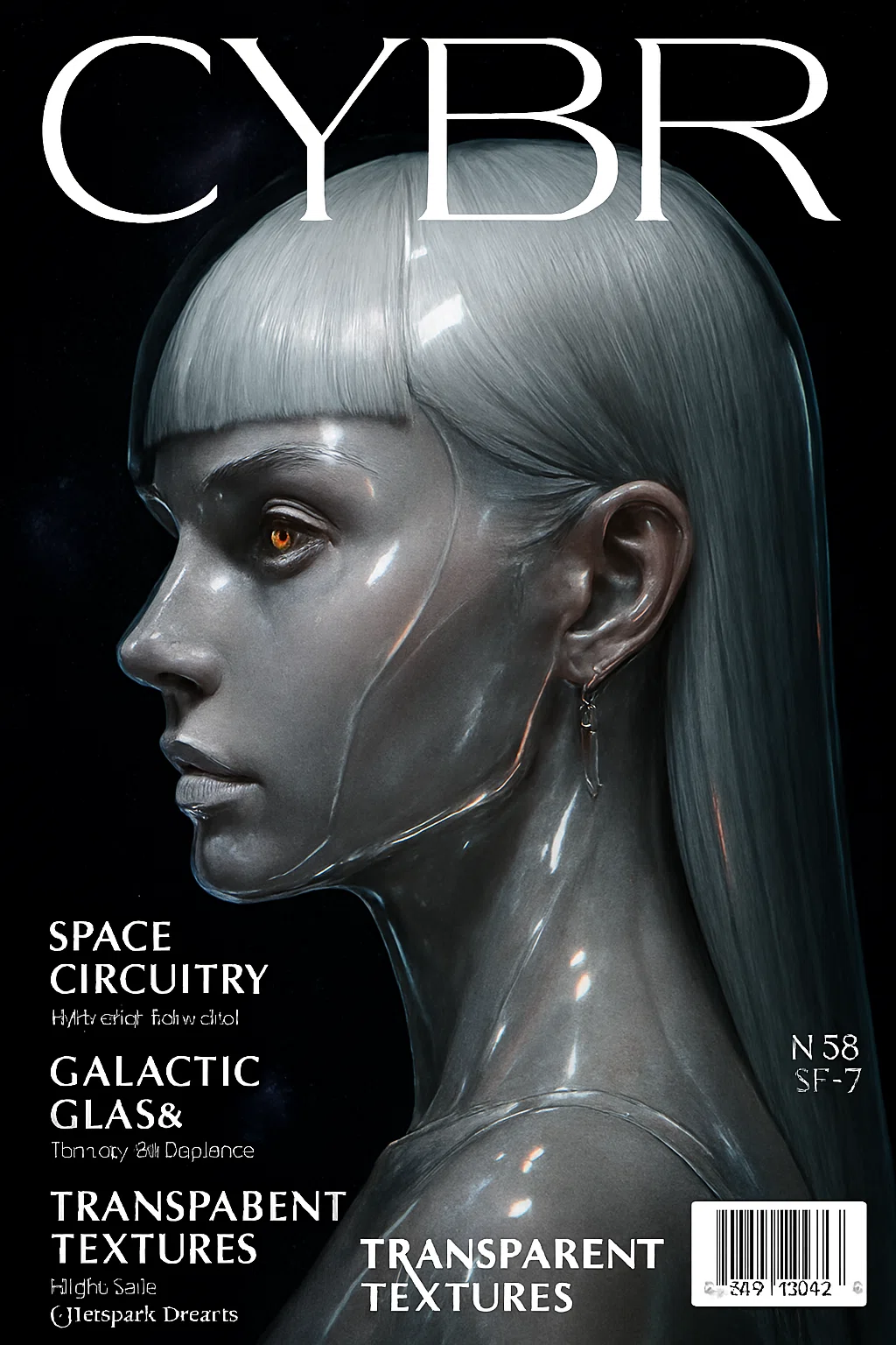未来的な雑誌「CYBER MAGAZINE」の表紙。白い髪の女性モデルが横向きに立ち、顔に光るオレンジ色の模様を持ち、透明感のあるサイバネティックなボディを表現している。背景は宇宙空間。