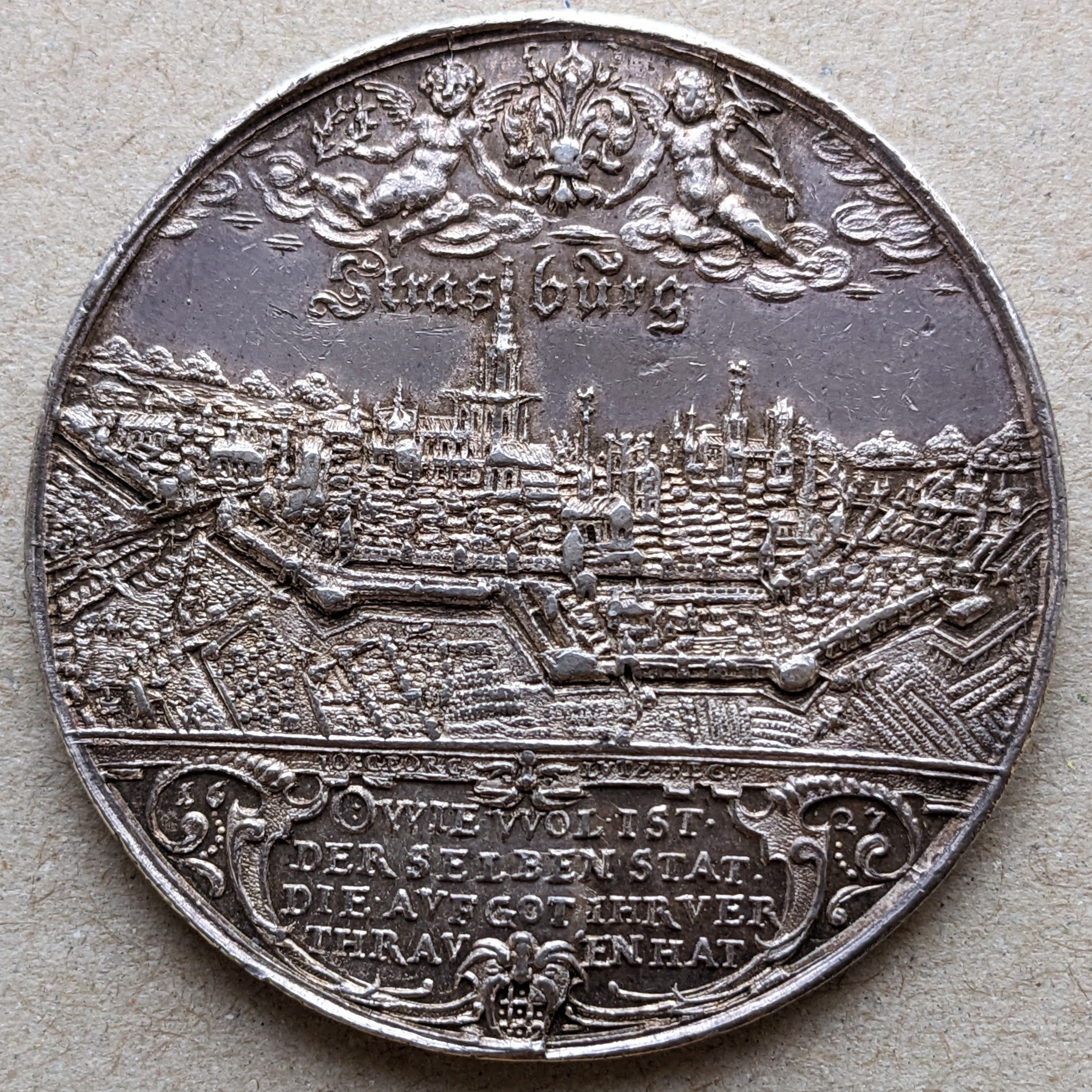 Ｆフランス軍＊１９７１年＊採石場産業/建設資材＊功績ブロンズメダル（実物） 1627年 ストラスブール 都市景観 銀メダル (1627 Strasburg