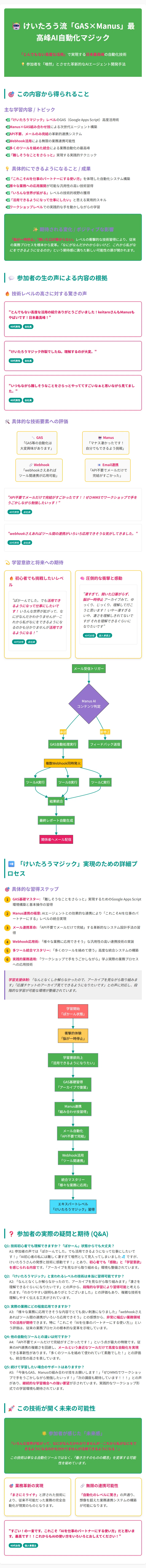  MIRAICHIセミナー「Manus応用編」で構築した自動化フローの全体像を示した図解。Googleフォーム、スプレッドシート、GAS、Manus、Discord、Gmailが連携し、フォームへの入力から返信案作成、通知までが自動で行われる流れが矢印で示されています。