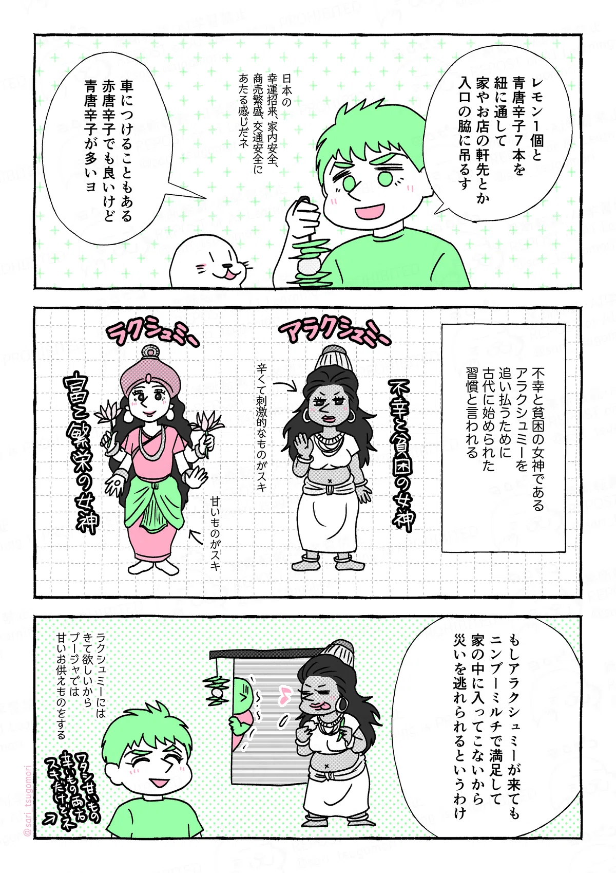 ４：
夫「レモン1個と青唐辛子7本を紐に通して、家やお店の軒先、入口の脇に吊るす。車につけることもある。赤唐辛子でも良いけど青唐辛子が多いヨ。日本の幸運招来、家内安全、商売繁盛、交通安全にあたる感じだね。

５：
不幸と貧困の女神であるアラクシュミーを追い払うために古代に始められた習慣と言われている。
［富と繁栄の女神ラクシュミー　甘いものがスキ。不幸と貧困の女神アラクシュミー　辛くて刺激的なものがスキ］

６：
夫「もしアラクシュミーが来てもニンブーミルチで満足して、家の中に入ってこないから災いを逃れられるというわけ」ラクシュミーにはきて欲しいからプージャでは甘いお供えものをする。私は甘いもの辛いもの両方スキだけどね」