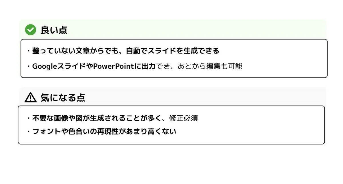 良い点
* **整っていない文章からでも**、**自動でスライドを生成**できる
* **GoogleスライドやPowerPointに出力**でき、あとから**編集も可能**
---
## 気になる点
* **不要な画像や図が生成される**ことが多く、**修正必須**
* **フォントや色合いの再現性があまり高くない**