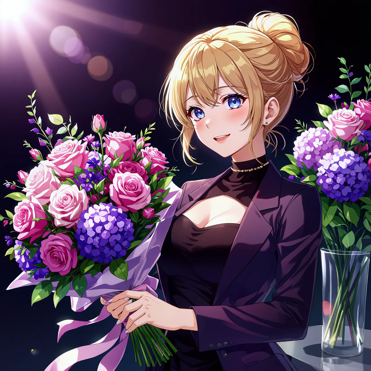 黒いドレスを着た金髪の女性が花束を持つアニメ風イラスト。鮮やかな色が特徴。