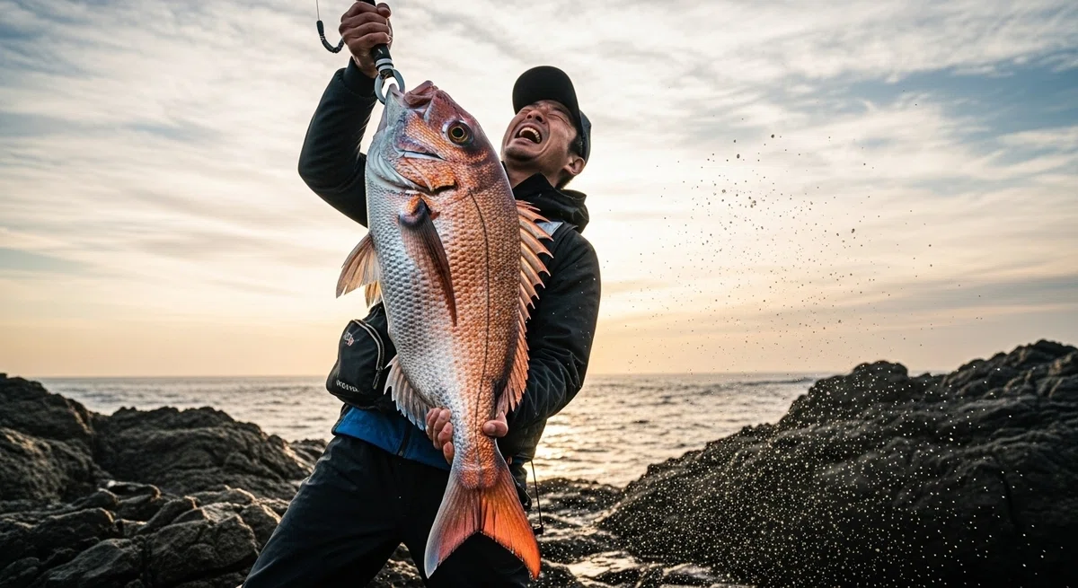 朝日を背に、釣り人が釣り上げた巨大な真鯛を両手で掲げ、天を仰いでいる。