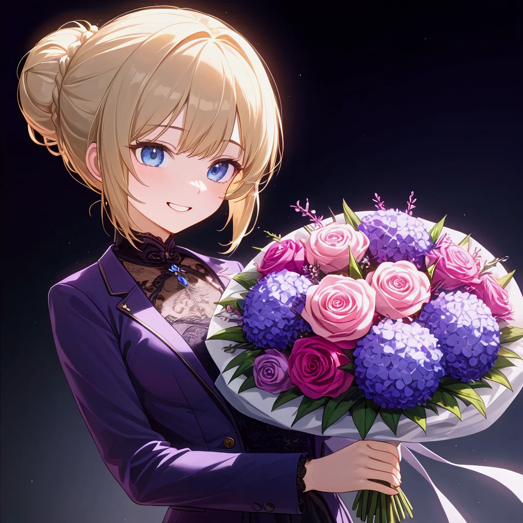 SDXL(anima_pencil-XL)で生成された原画。黒いドレスの金髪女性が花束を持つアニメイラスト。