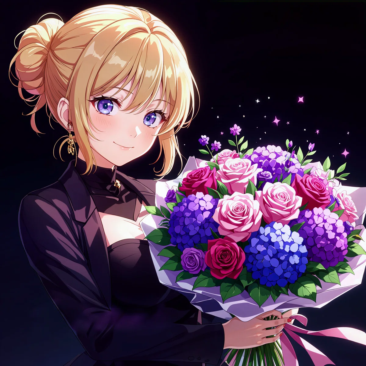 HiDream-I1-Devで生成されたアニメイラスト。黒いドレスの金髪女性。色の表現が正確。