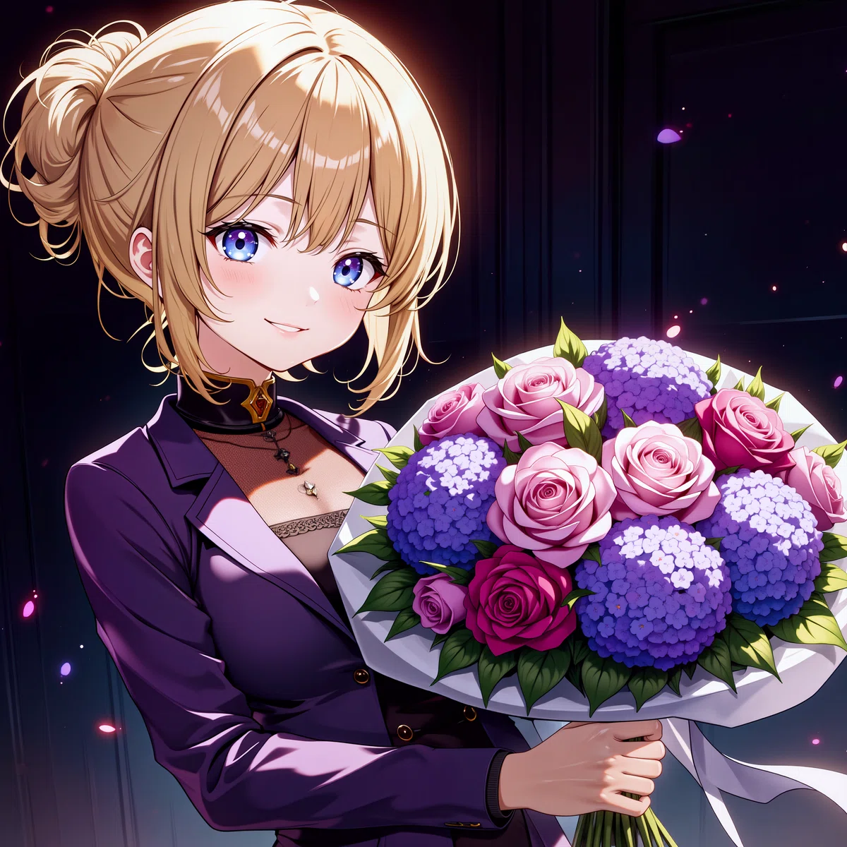 Flux.1 [dev]で生成されたアニメイラスト。黒いドレスの金髪女性が花束を持つが、色はややくすんでいる。