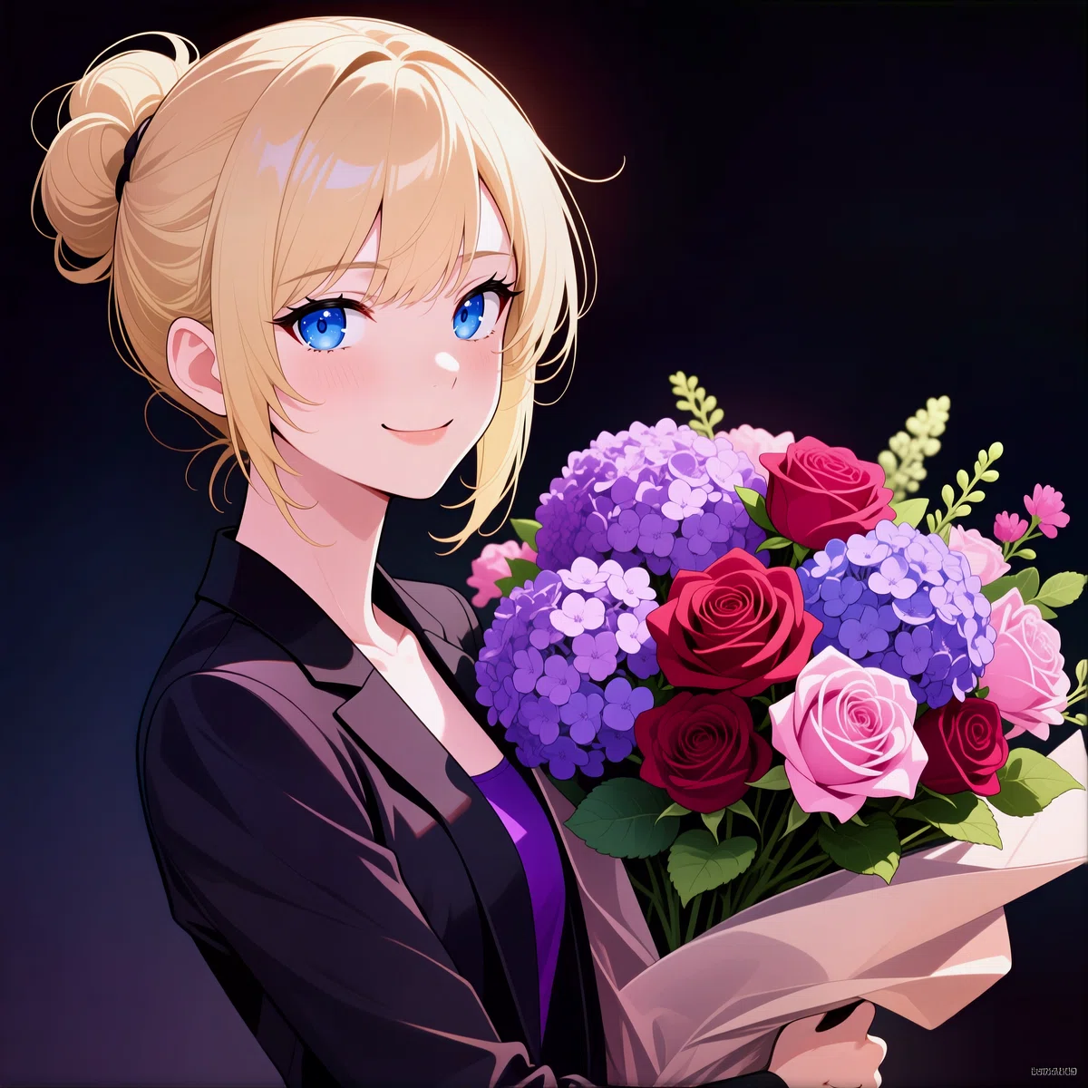 Qwen-Imageで生成されたアニメイラスト。黒いドレスの金髪女性が花束を持つが、青色が欠ける