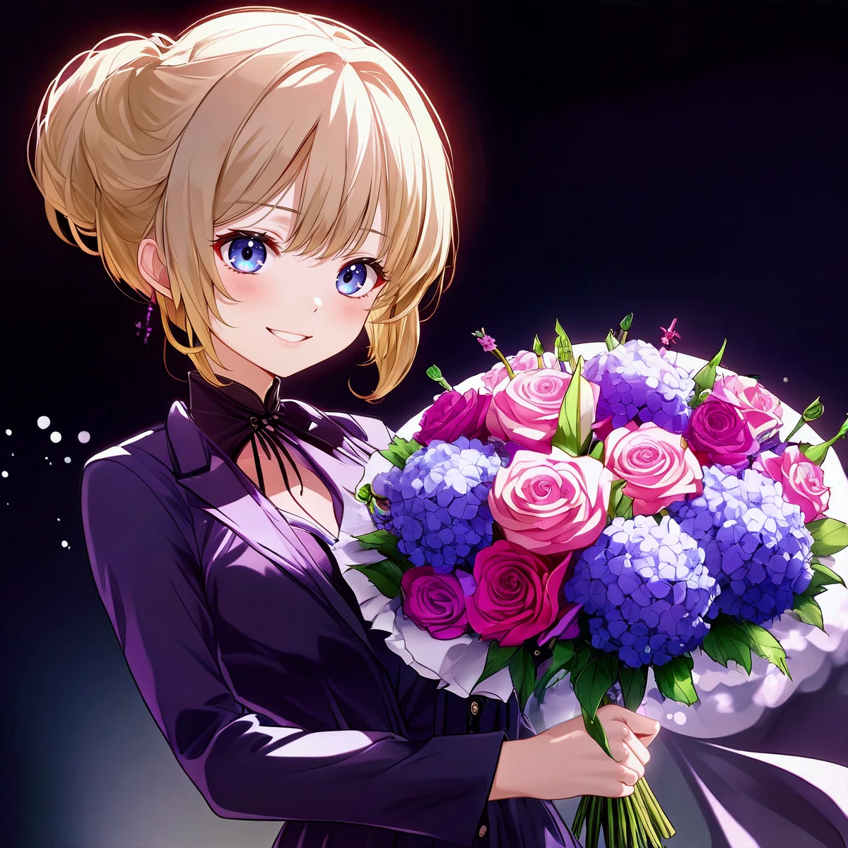 AuraFlow_0.3で生成されたアニメイラスト。黒いドレスの金髪女性が鮮やかな花束を持つ。