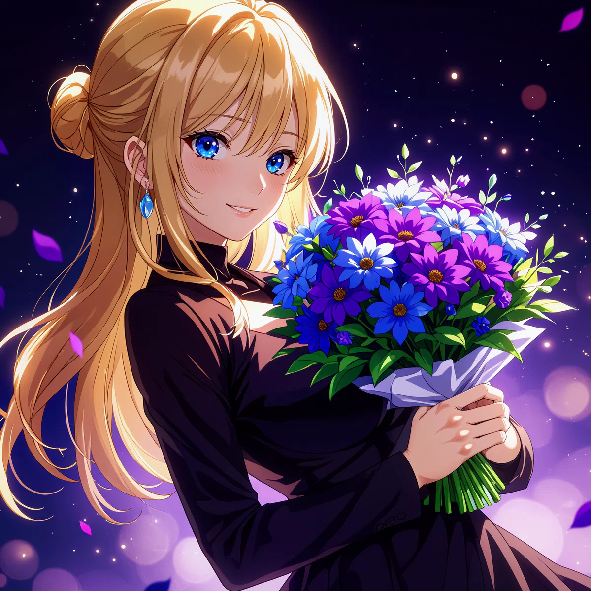 紫の花束を持つ黒いドレスの金髪女性のアニメイラスト。紫が高貴さを象徴。