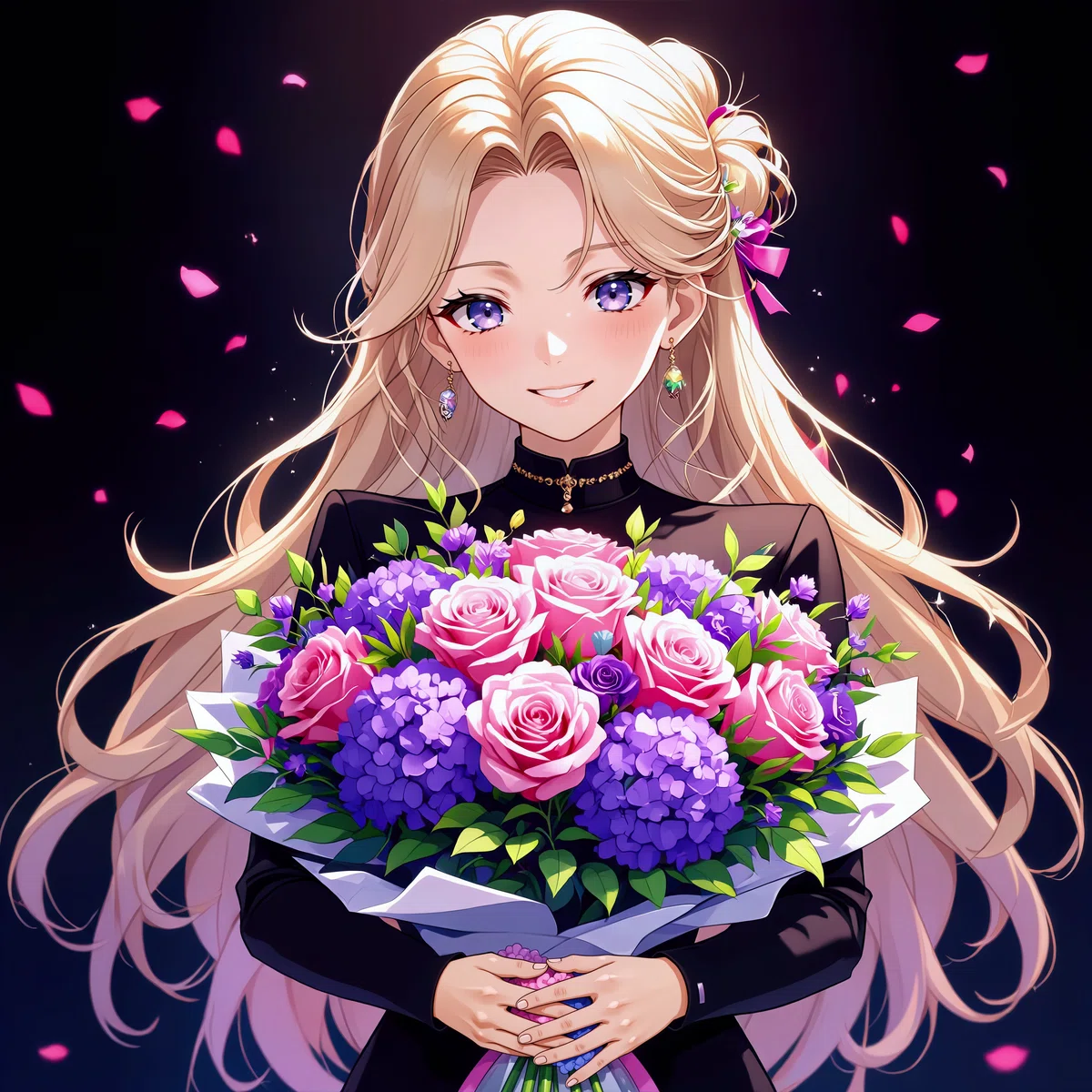 赤紫の花束を持つ黒いドレスの金髪女性のアニメイラスト。合成染料モーブを表現。