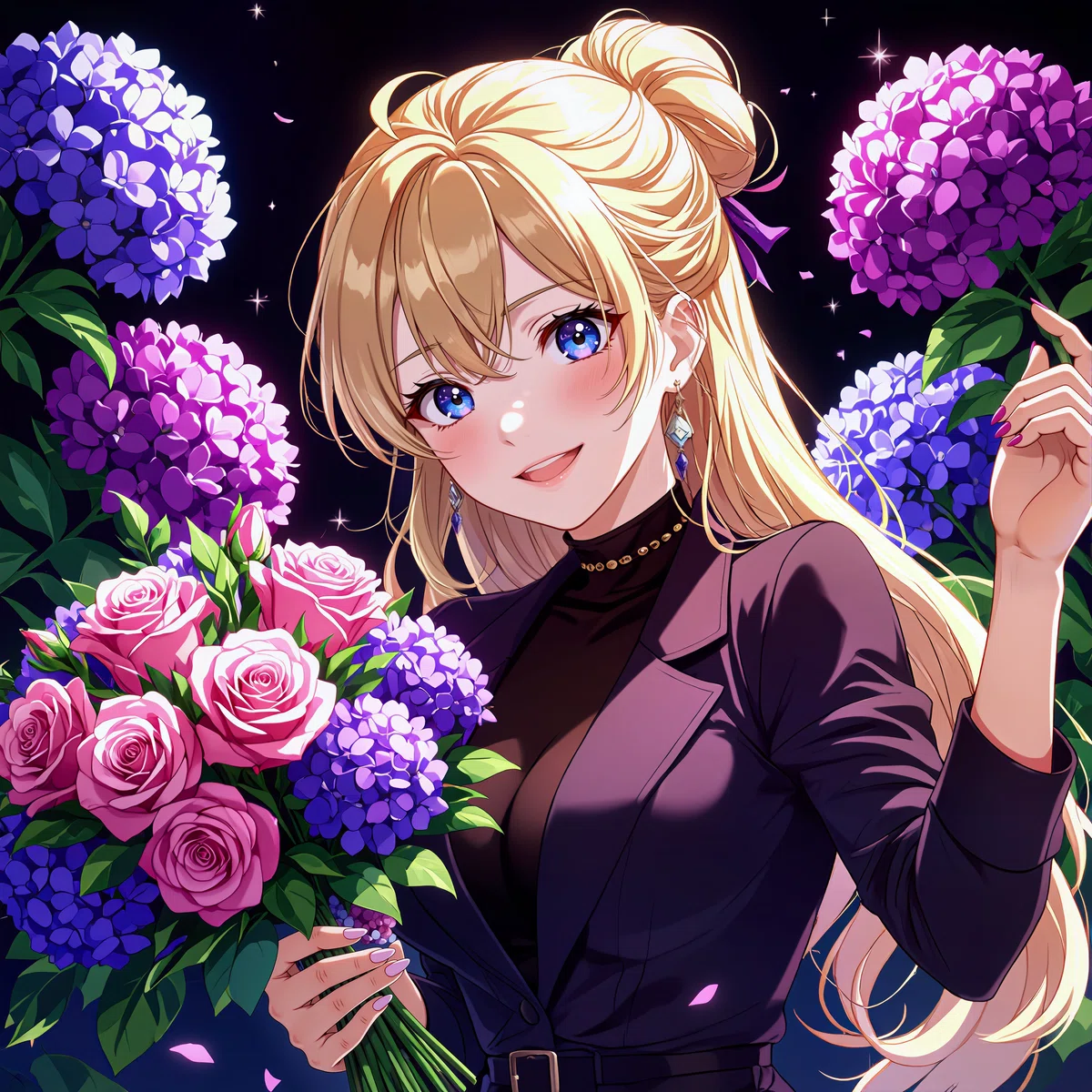 黒いドレスの金髪女性がカラフルな花束を持つアニメイラスト。色の歴史を表現。