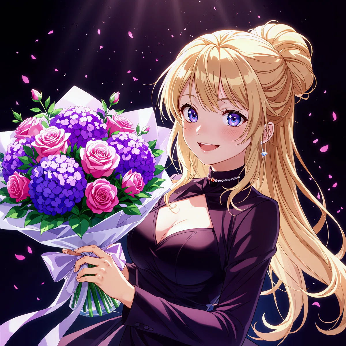 鮮やかな花束を持つ黒いドレスの金髪女性のアニメイラスト。庶民に普及した色を表現。