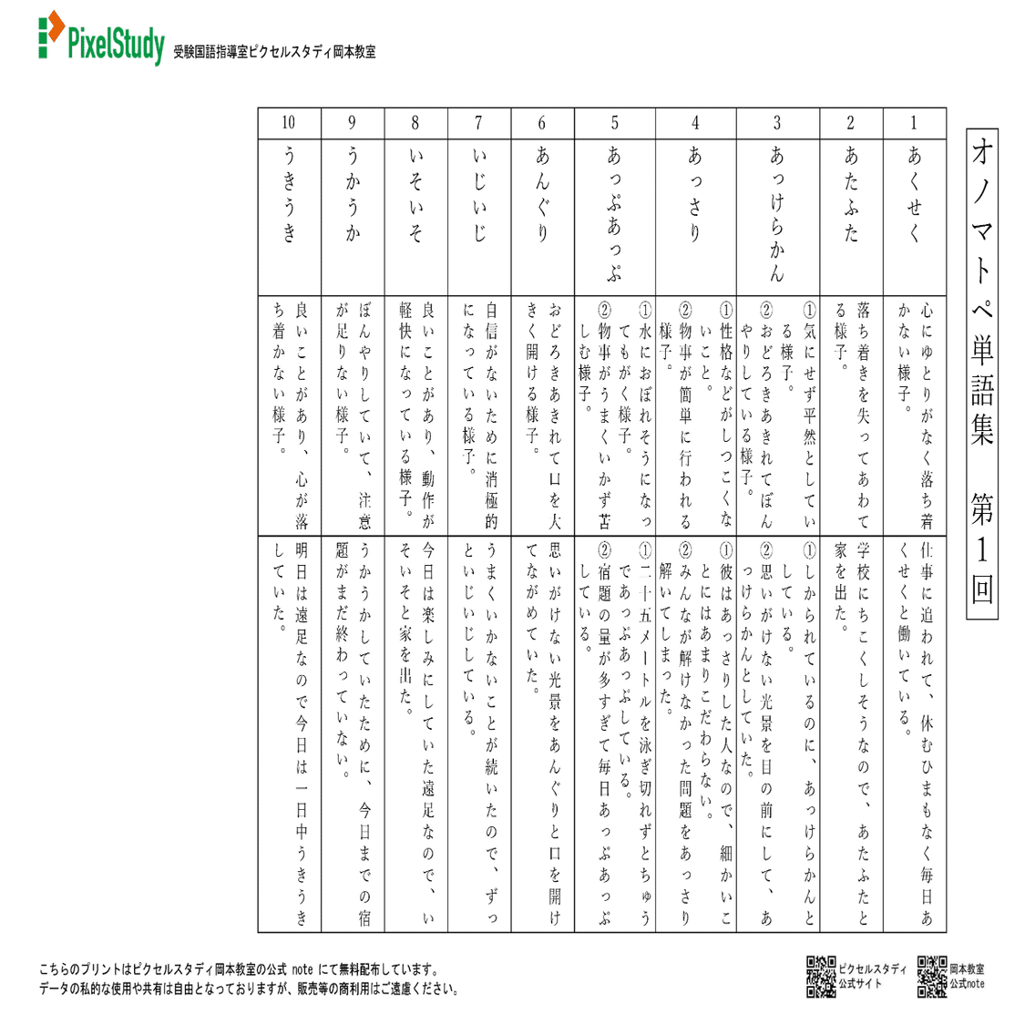 無料教材】灘中合格必携／オノマトペ単語集｜受験国語指導室ピクセル