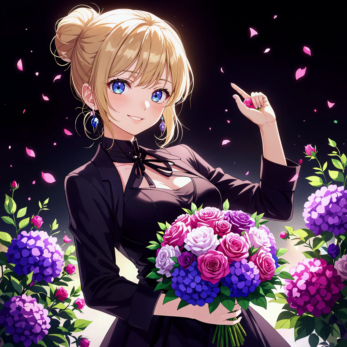 医薬品をテーマにした花束を持つ黒いドレスの金髪女性のアニメイラスト。