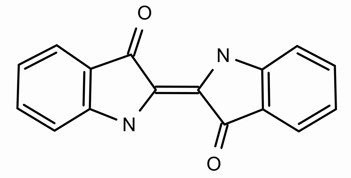 インディゴ分子の化学構造式。ベンゼン環を中心とした共役系構造を示す図。