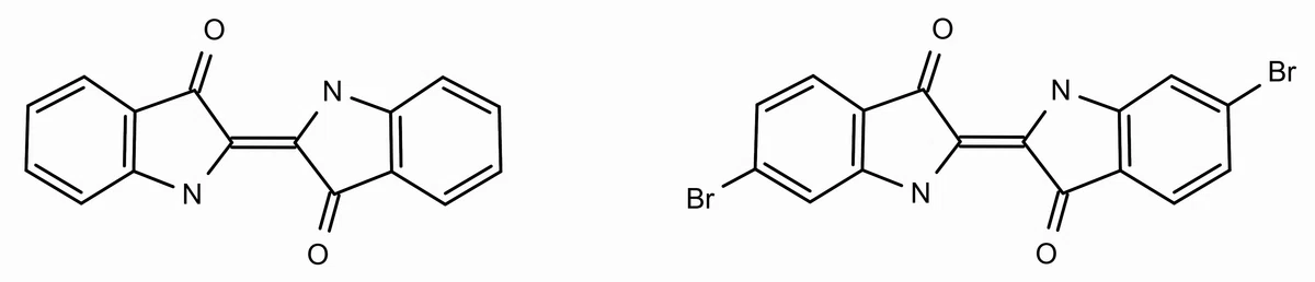 インディゴとティリアン紫の分子構造式。臭素(Br)が付加されたティリアン紫の構造を比較表示。