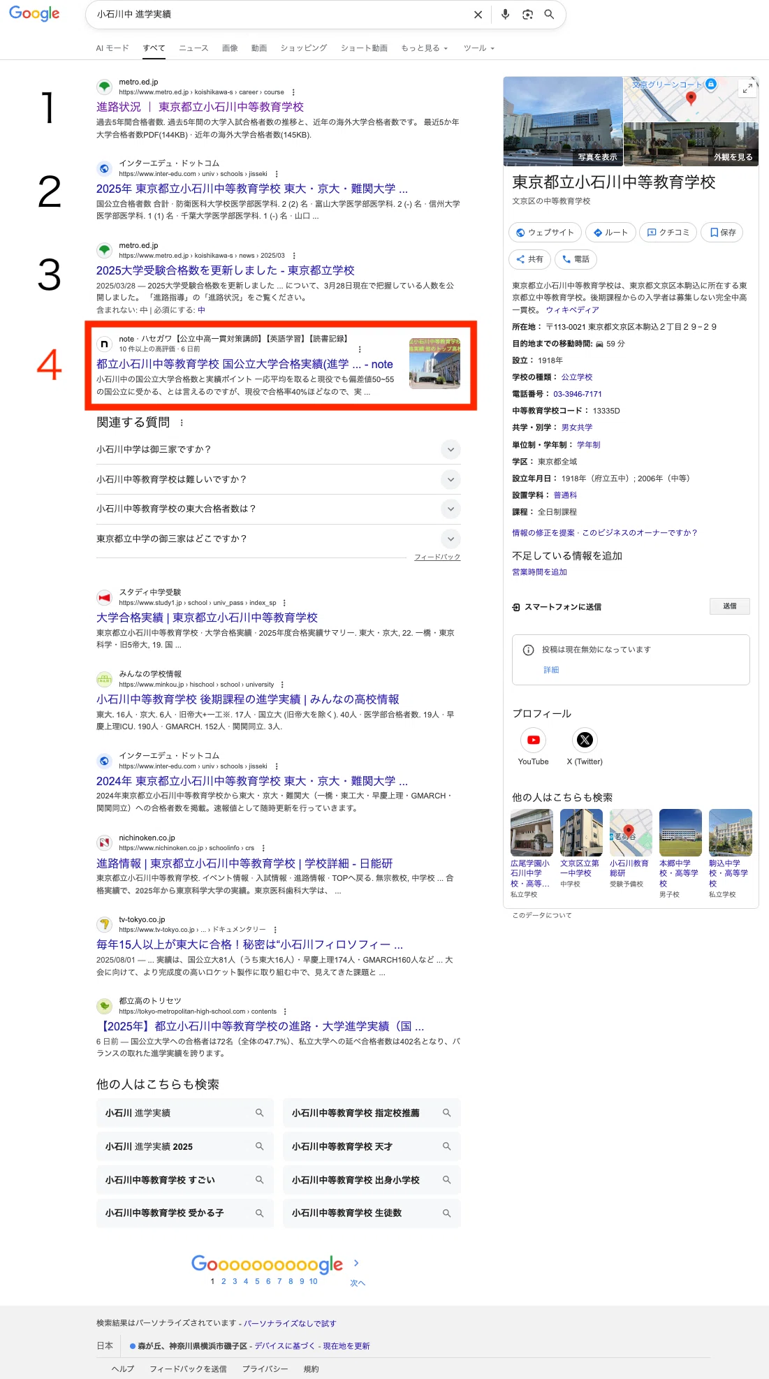 Google検索の結果3 検索ワード 「小石川中 進学実績」25.10.5検索4位(執筆6日で達成)