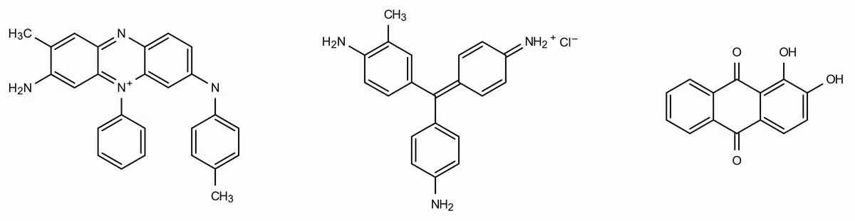 パーキンズモーブ、フクシン、アリザリンの分子構造式を示す図。アニリン系染料の化学構造を比較。