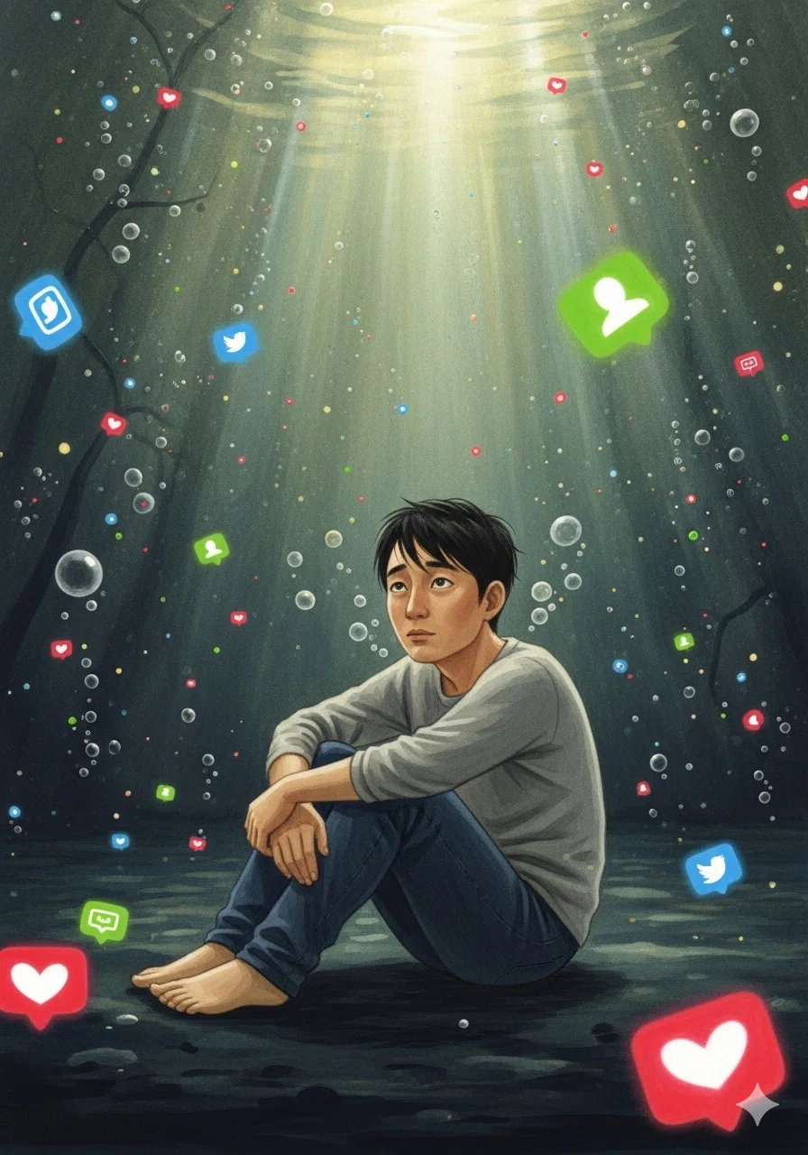 カイは、ノイズの海でおぼれそうになっていた。「いいね！」の光がまたたき、カラフルな泡が次々と生まれては消える。でも、どれもカイの心には響かなかった。
