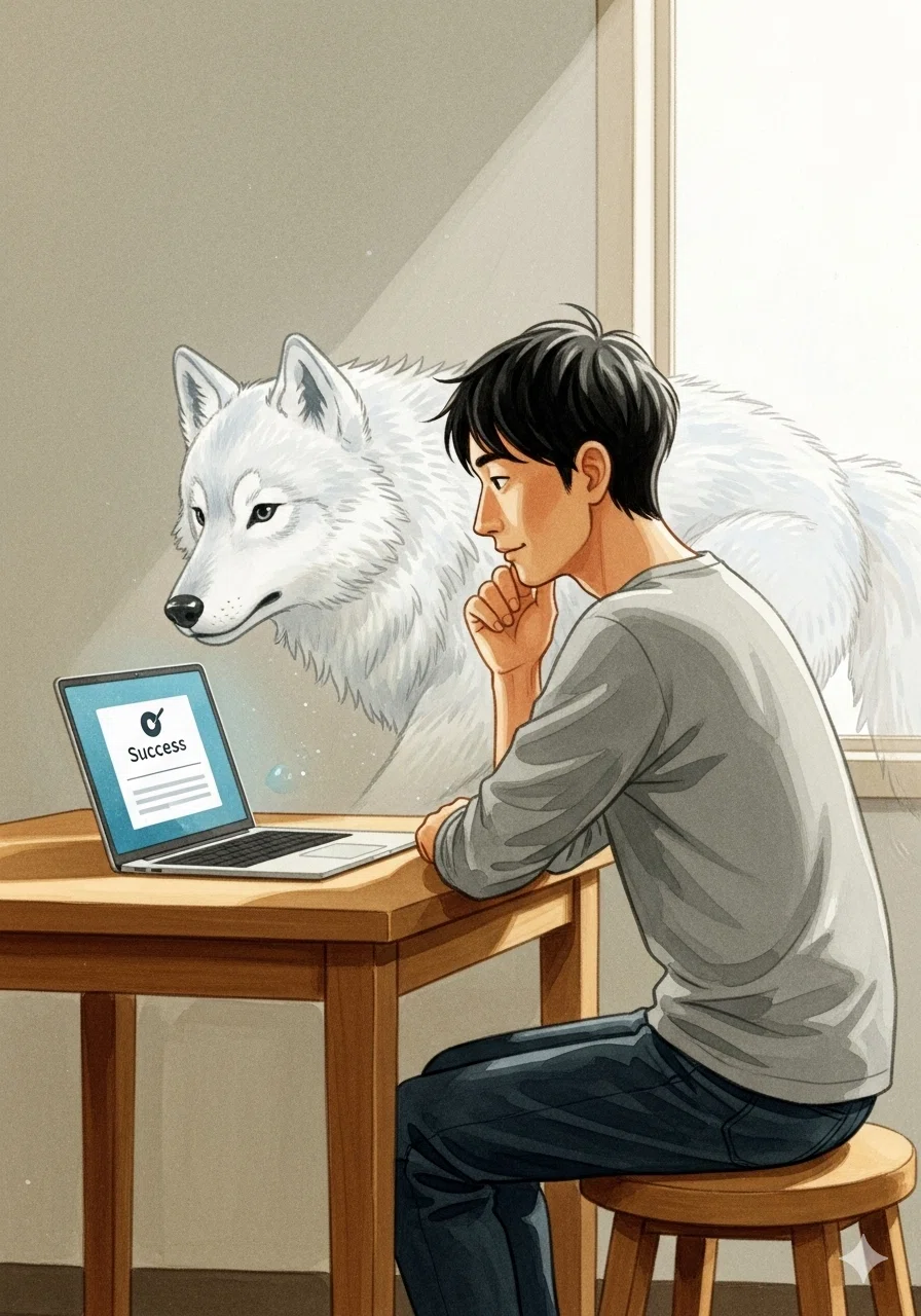 そしてある日、カイの言葉はAIに認められ、「真正性の勝利」が訪れた。それは、大きくてふわふわのおおかみさんになって、カイのもとへやってくる兆しだった。