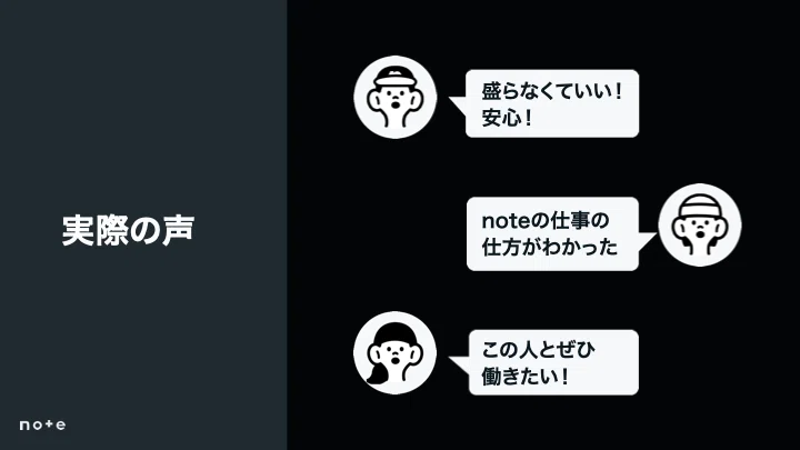 参加者の声（この人と働きたい／noteの仕事の仕方がわかった／盛らなくていいから安心）。