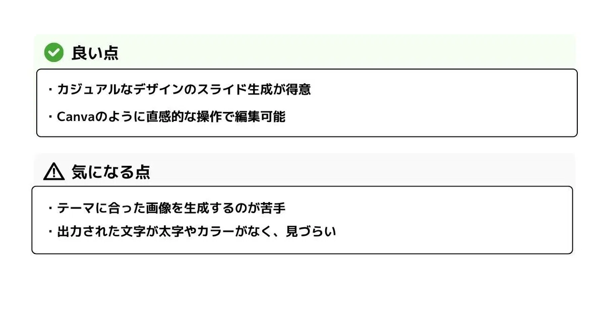 良い点

カジュアルなデザインのスライド生成が得意

Canvaのように直感的な操作で編集可能

気になる点

テーマに合った画像を生成するのが苦手

出力された文字が太字やカラーがなく、見づらい