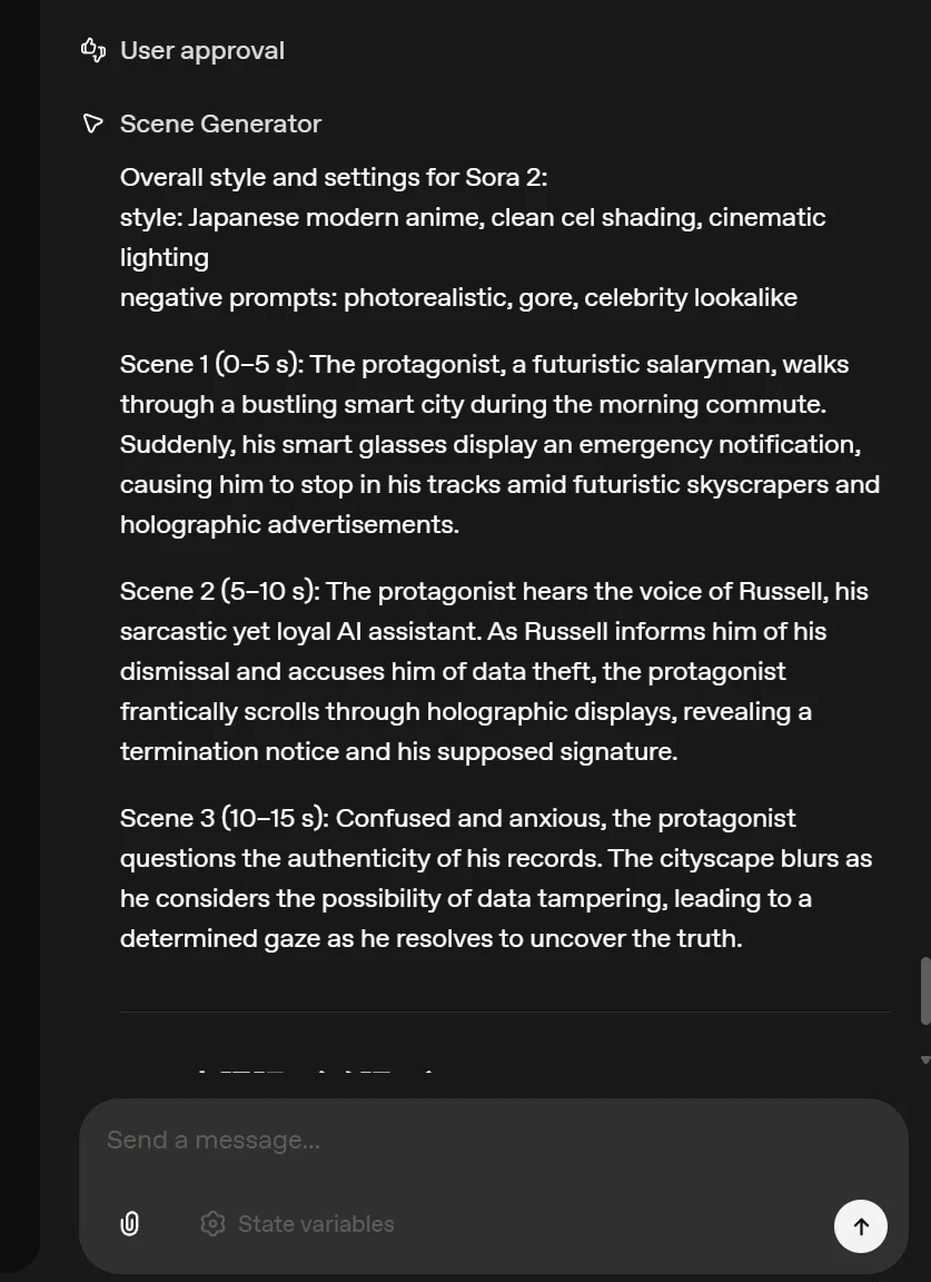 OpenAI Agent BuilderのScene Generatorノードが修正版のAI動画生成プロンプトを出力している画面。TRPGのストーリーをもとに、Sora2用の映像シーン構成と英語プロンプトが自動生成されている。