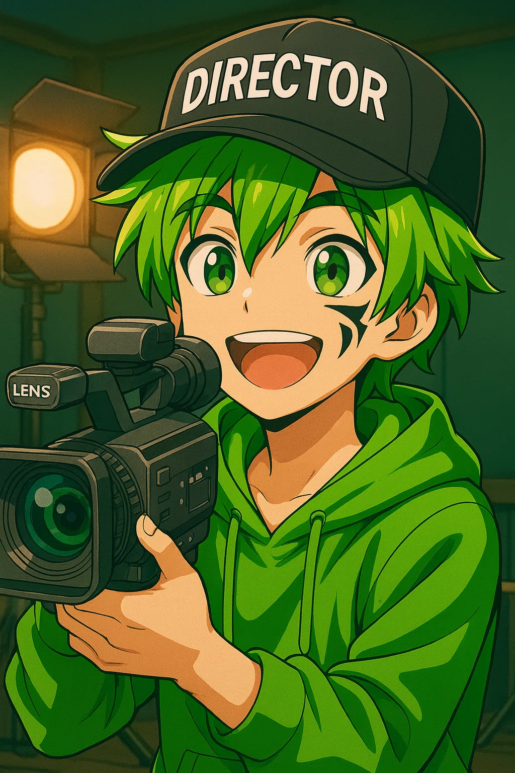 SHO君（キャラクター）が監督としてカメラを構えるイラスト。AI動画生成プロジェクトの完結を記念して制作された、シリーズの締めカット。