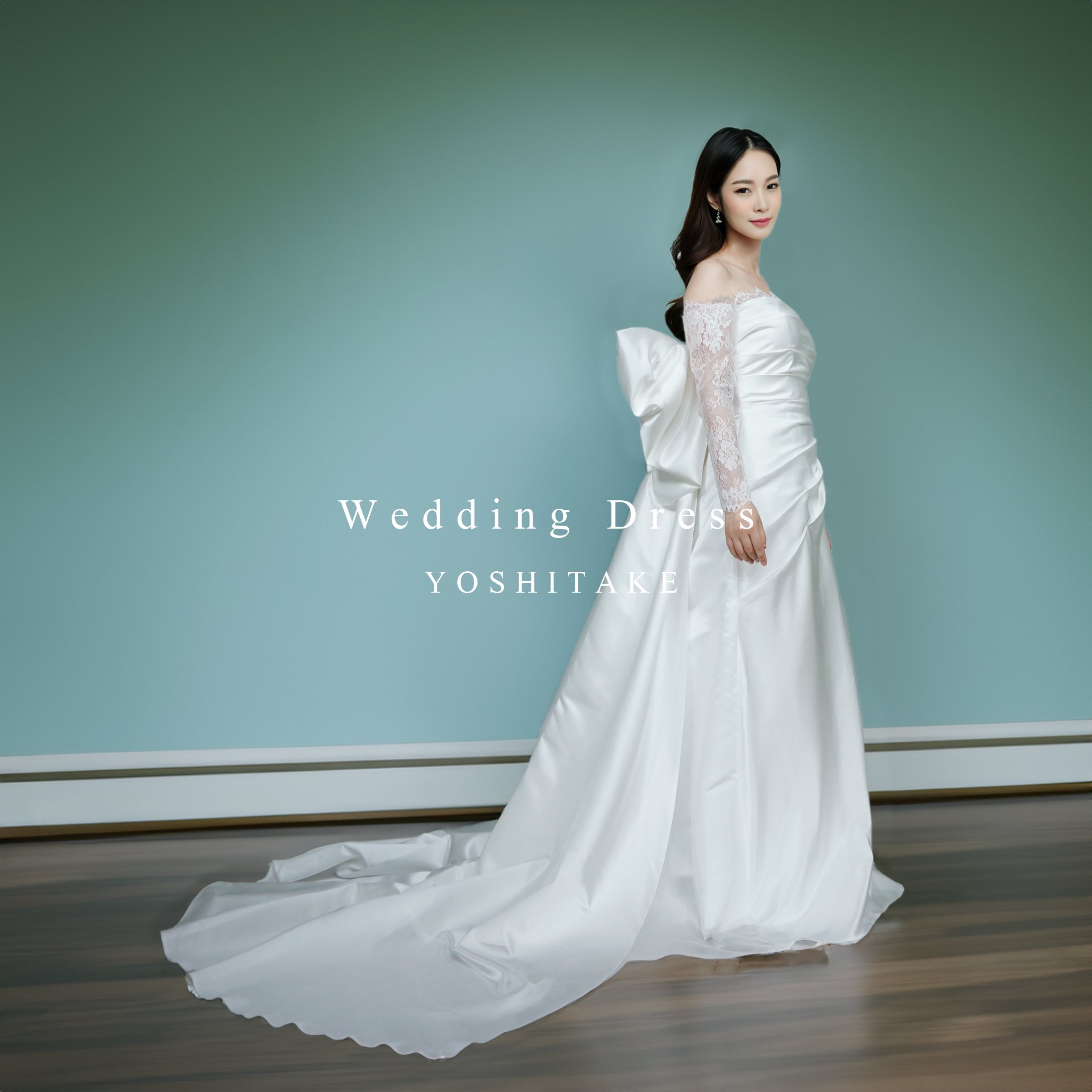 ウエディングドレス.白.レース長袖.マーメイド.サテン.リボン