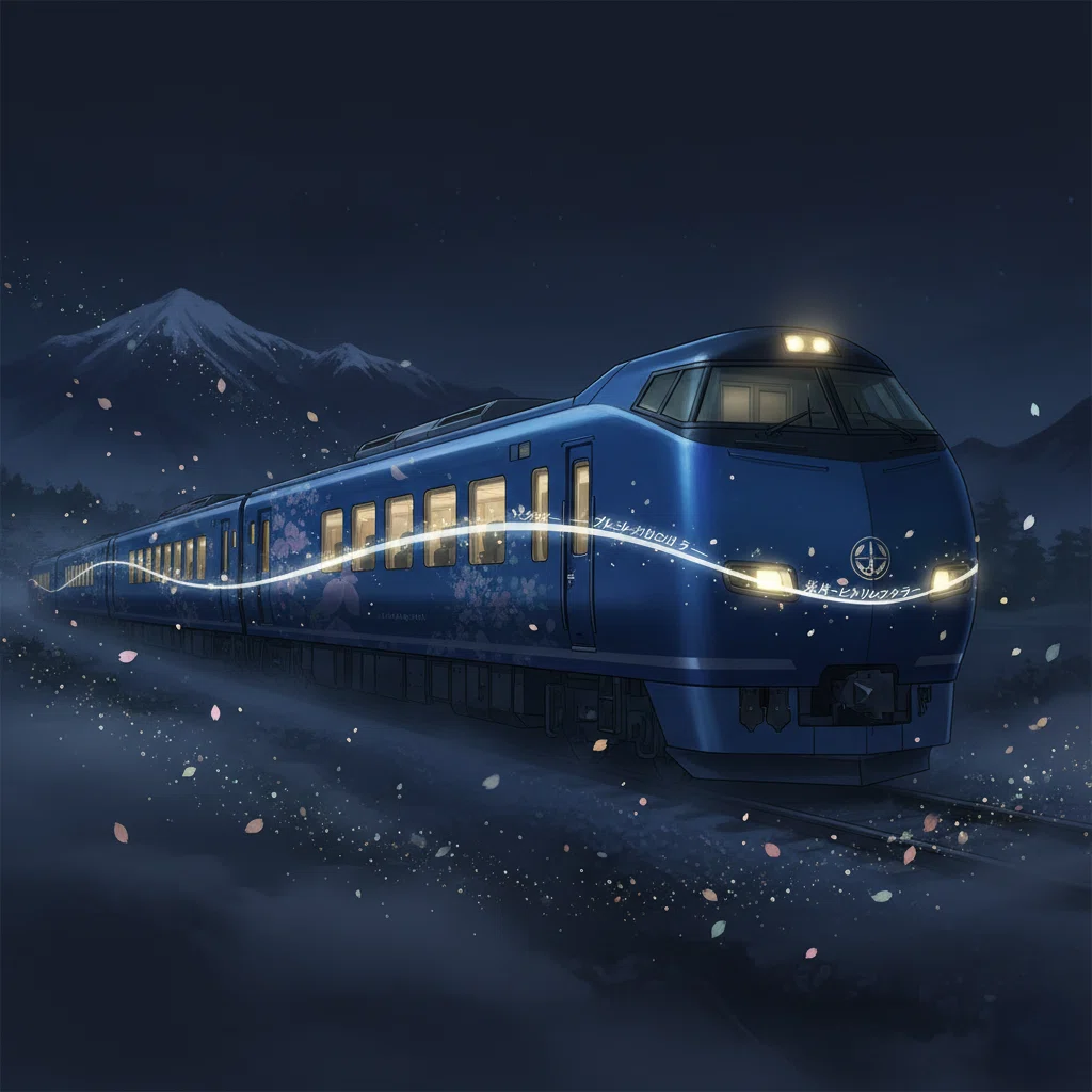 光片-ヒカリノカケラ-💎絶景スポット♥聖地巡礼編🚅🚃夜行特急列車で四季周遊旅🌸🌊🌕❄️ #AIと旅行 『L'Écrin de Lumière』（レクラン・ド・ルミエール / 光の宝石箱） GoogleのAI🐰GeminiとJR EAST Travel Conciergeで【2027年未来予想図】🗾🗺️🍴🎵💃🎥🎬SEASONAL JAPAN🎞️🗼エクステリアデザイン：物語を纏う車体