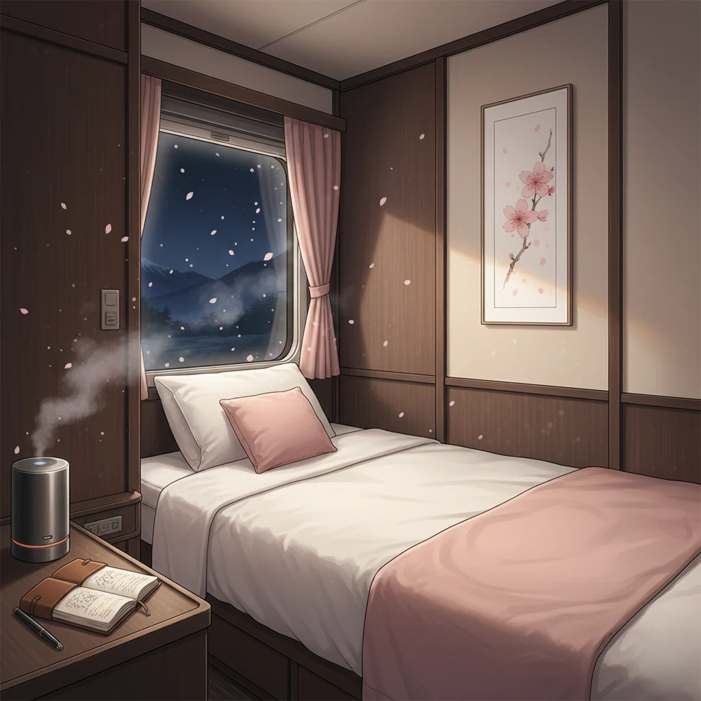 光片-ヒカリノカケラ-💎絶景スポット♥聖地巡礼編🚅🚃夜行特急列車で四季周遊旅🌸🌊🌕❄️ #AIと旅行 『L'Écrin de Lumière』（レクラン・ド・ルミエール / 光の宝石箱） GoogleのAI🐰GeminiとJR EAST Travel Conciergeで【2027年未来予想図】🗾🗺️🍴🎵💃🎥🎬SEASONAL JAPAN🎞️🗼インテリアデザイン：物語に没入する空間