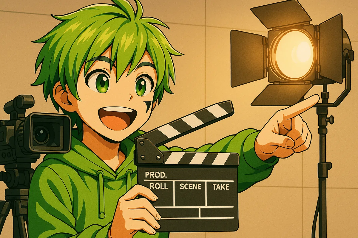 SHO君(キャラクター)が映画監督としてカチンコを構えるイラスト。AI動画生成の撮影開始を象徴するシーンで、Sora2を使った映像づくりへの期待感を表現している。