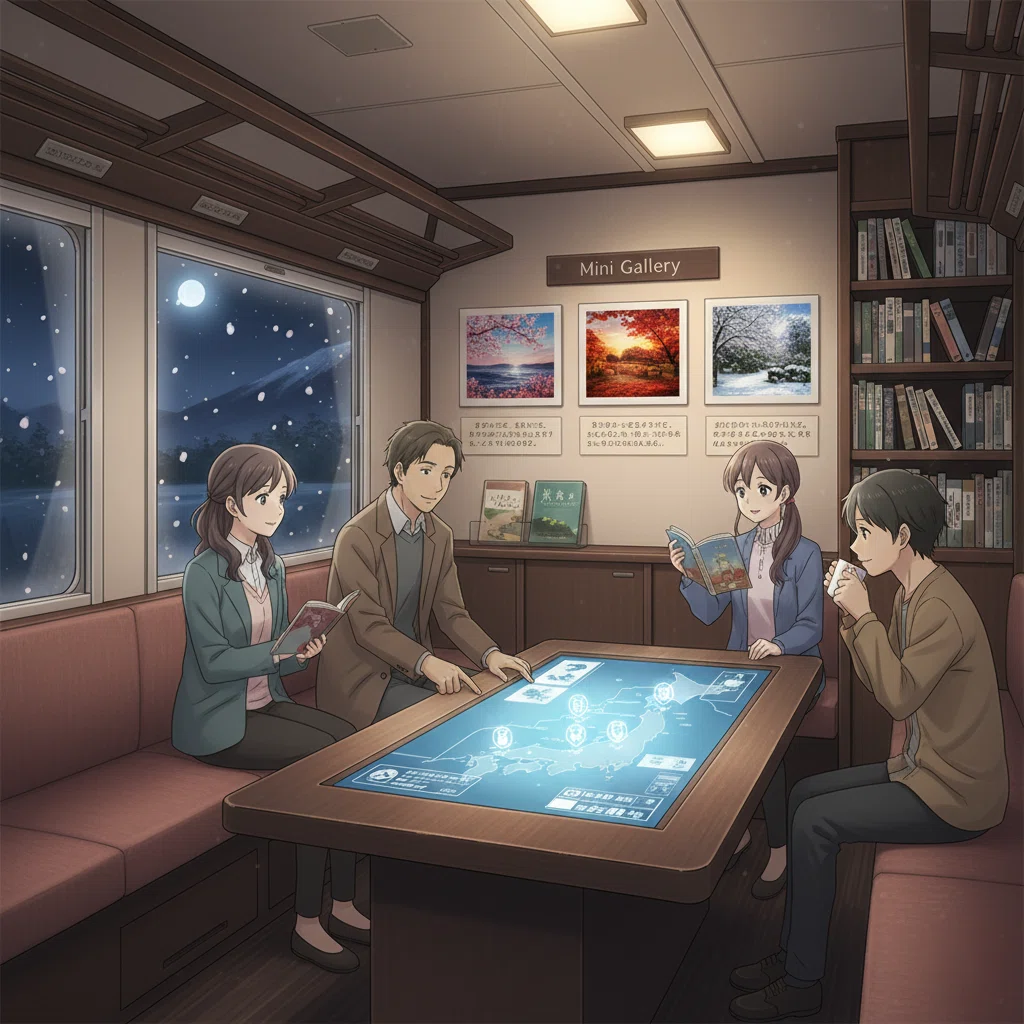 光片-ヒカリノカケラ-💎絶景スポット♥聖地巡礼編🚅🚃夜行特急列車で四季周遊旅🌸🌊🌕❄️ #AIと旅行 『L'Écrin de Lumière』（レクラン・ド・ルミエール / 光の宝石箱） GoogleのAI🐰GeminiとJR EAST Travel Conciergeで【2027年未来予想図】🗾🗺️🍴🎵💃🎥🎬SEASONAL JAPAN🎞️🗼5号車ラウンジ：『追憶のサロン』