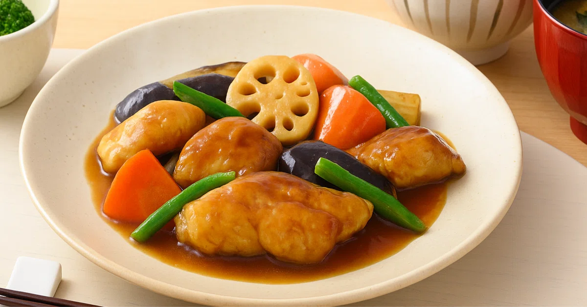 湯気が立ちのぼる和食のランチプレート。照りのある黒酢あんが、すけそう鱈やレンコン、にんじん、なす、いんげんの上にかかり、彩り豊かに輝いている。木のテーブルの上で、白いご飯と味噌汁が奥に添えられた温かな昼食。家庭的でほっとする光景。