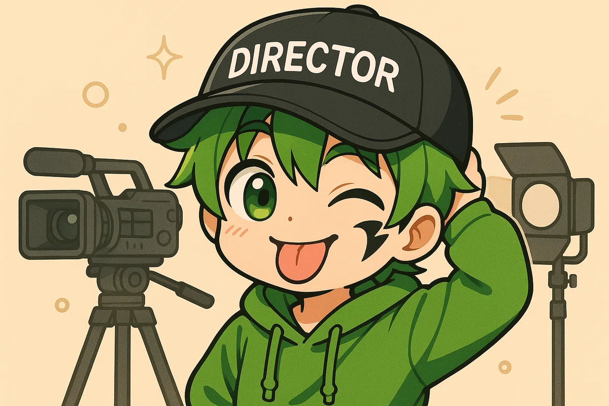 SHO君(キャラクター)が監督帽をかぶってウインクしているイラスト。動画生成の結果が思い通りにいかなかった際のユーモラスなシーンを表現している。