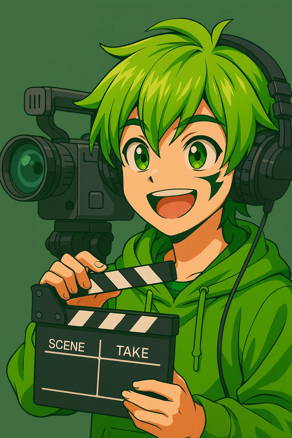 SHO君(キャラクター)が映画のクランクアップを示すようにカチンコを鳴らしているイラスト。AI動画生成プロジェクトの完結を「カット!」の掛け声で締めくくる演出。