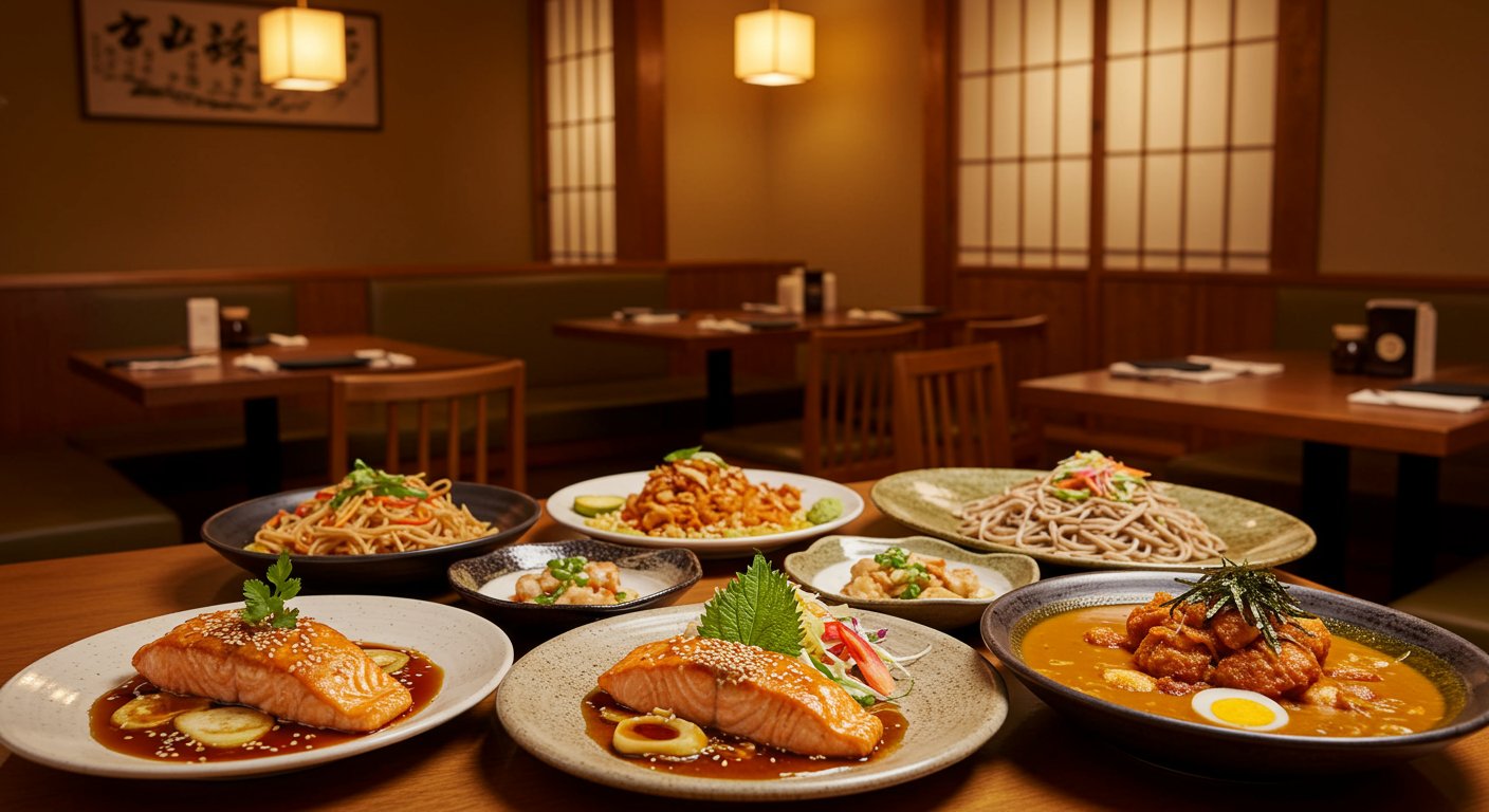 日本食レストランの内装と料理