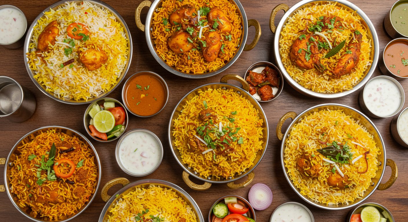 さまざまな種類のビリヤニが並んだ豪華な食卓の様子