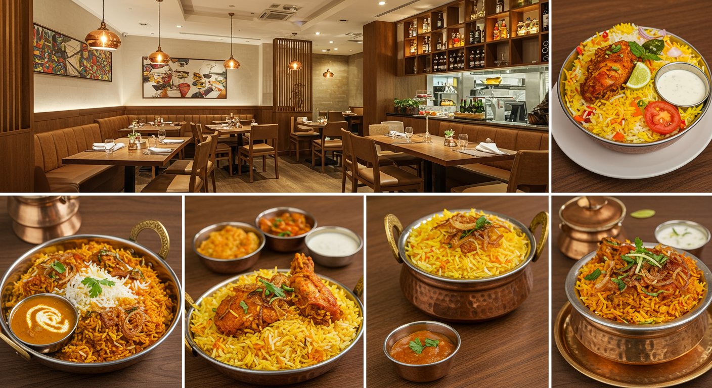 様々な価格帯のビリヤニメニューとレストラン内装