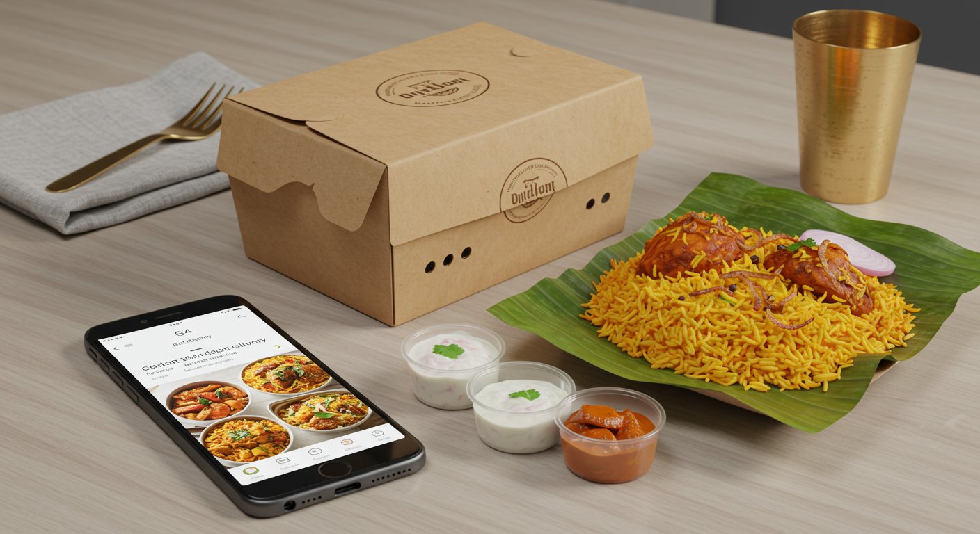 スマートフォンでビリヤニをオーダーする様子とデリバリーパッケージ