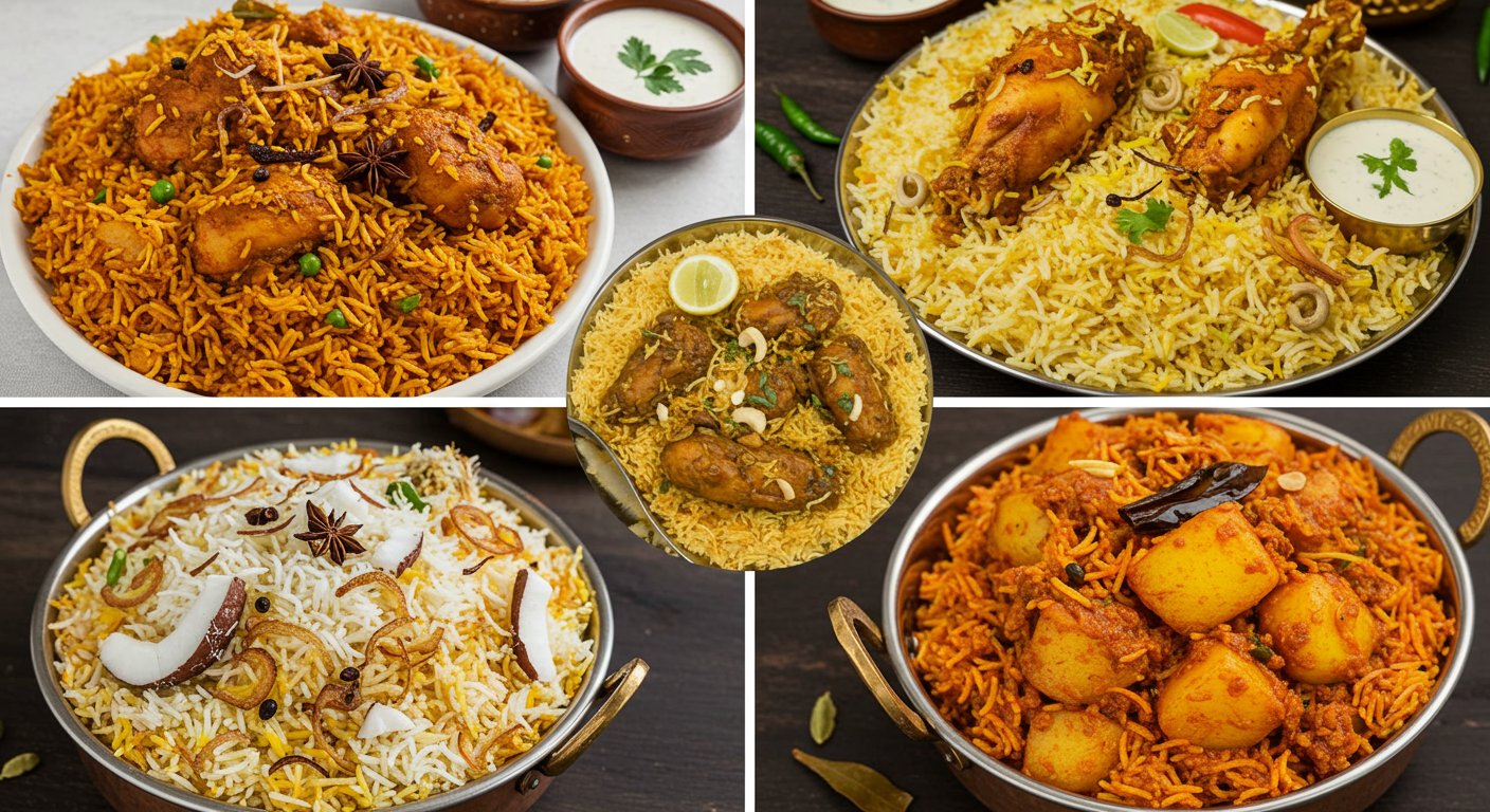 インドの地域別ビリヤニの特徴を示す料理の盛り付け