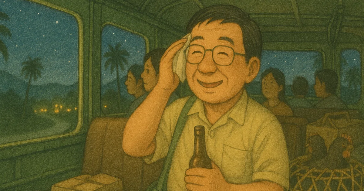 青空の下、山道をひとり歩く中年の日本人男性。汗をぬぐいながらも、どこか嬉しそうな笑顔を浮かべている。背中のリュックには小さな荷物、遠くの丘の向こうには町の屋根が霞んで見える。緑の山々と赤土の道がつづき、南国の光があたたかく差し込む。文明の便利さを恋しく思いながらも、今を楽しむ先生の旅路が感じられる一枚。