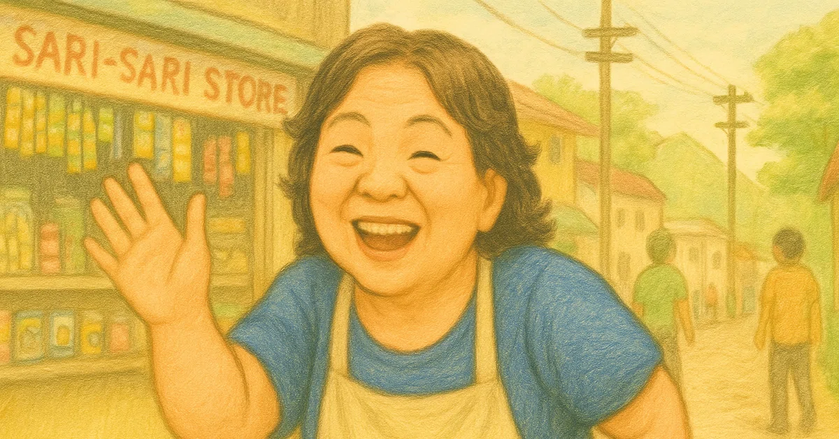 昼下がりのフィリピンの町角。サリサリストアの前で、おばちゃんが笑顔いっぱいに手を振っている。店の棚にはカラフルなお菓子や瓶ジュースが並び、通りには人やジープがゆっくり行き交う。風にそよぐヤシの木の下、陽気な声が響く。「サカーッ!」という呼びかけの明るさに、町全体の温かさが伝わる。