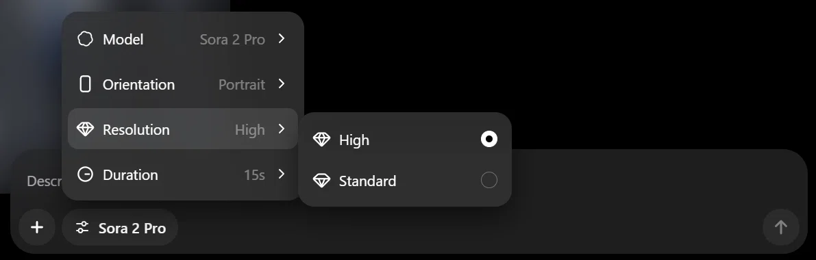 Sora2 Proの設定画面で解像度(Resolution)を選択している様子。HighとStandardの2種類から選べ、今回はHigh画質を選択してAI動画を生成している。