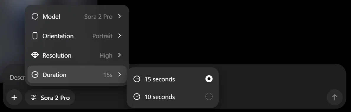 Sora2 Proの設定画面で動画の長さ(Duration)を選択している様子。10秒と15秒の選択肢があり、今回は15秒を選択してAI動画を生成している。