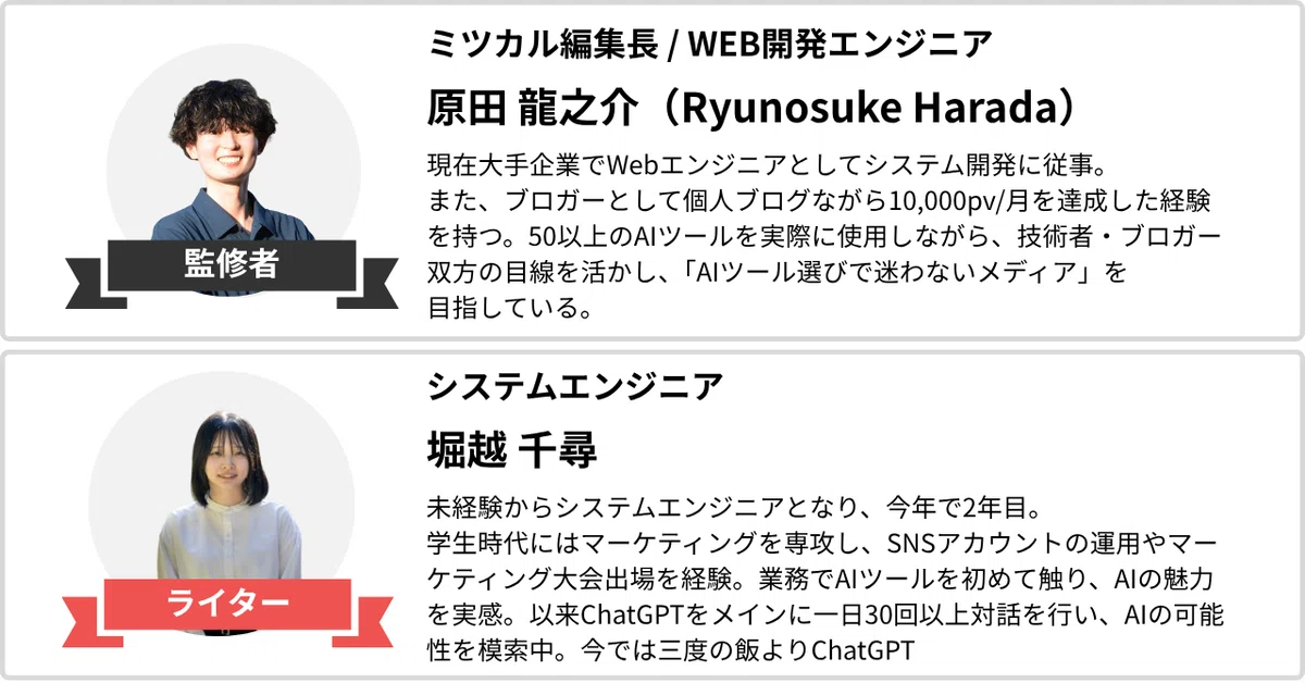 監修者 ミツカル編集長 / WEB開発エンジニア 原田 龍之介(Ryunosuke Harada) 現在大手企業でWebエンジニアとしてシステム開発に従事。
また、ブロガーとして個人ブログながら10,000pv/月を達成した経験を持つ。50以上のAIツールを実際に使用しながら、技術者・ブロガー双方の目線を活かし、「AIツール選びで迷わないメディア」を目指している。 ライター システムエンジニア 堀越 千尋 未経験からシステムエンジニアとなり、今年で2年目。
学生時代にはマーケティングを専攻し、SNSアカウントの運用やマーケティング大会出場を経験。業務でAIツールを初めて触り、AIの魅力を実感。以来ChatGPTをメインに一日30回以上対話を行い、AIの可能性を模索中。今では三度の飯よりChatGPT