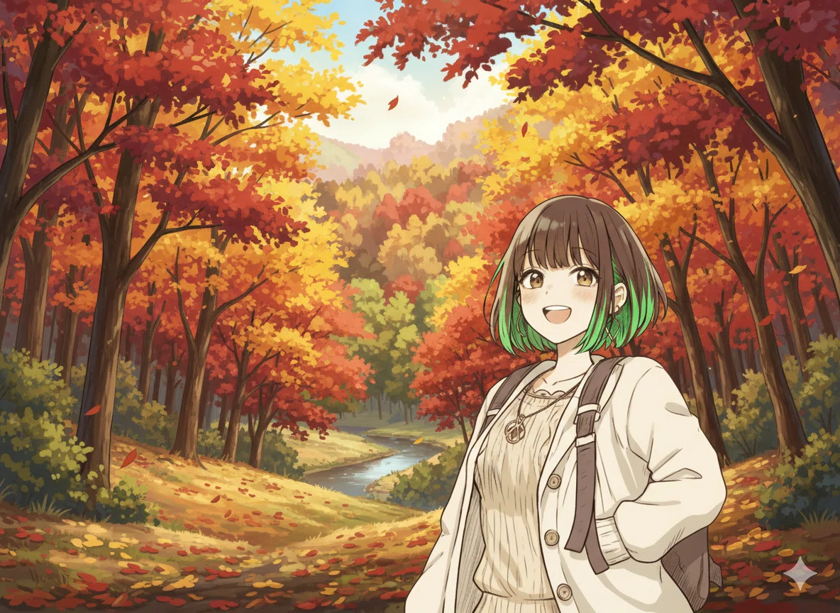 ごまめさんが描いたキャラクターイラストを背景アレンジして使用。秋の紅葉が広がる林道と小川を描き、Sora2 Proで動画生成する際の素材として利用した。