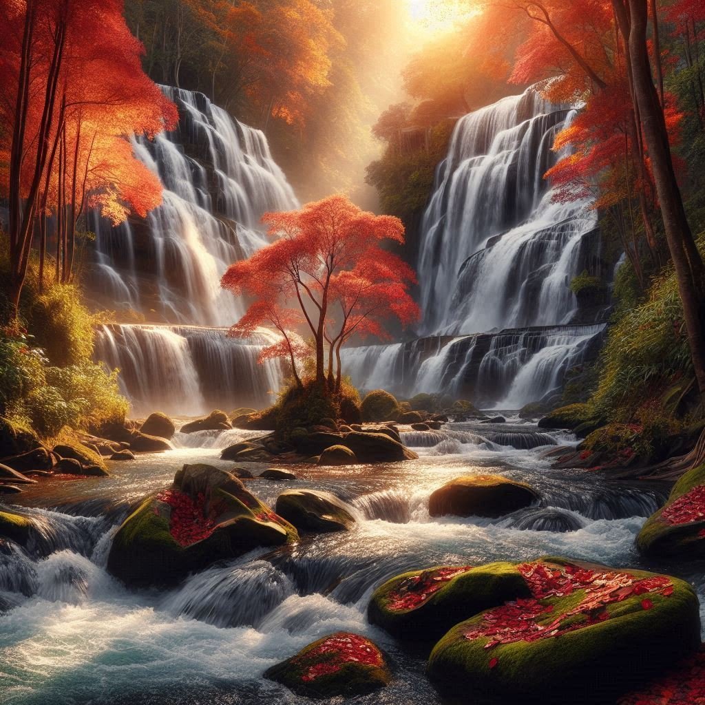 紅葉の滝《AI自然画像》｜ピナクル