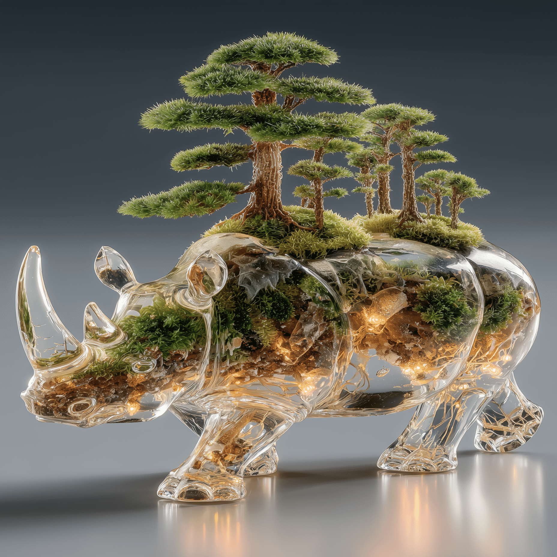 透明クリスタルのサイと盆栽が出会う「盆サイ」― Midjourneyで描く