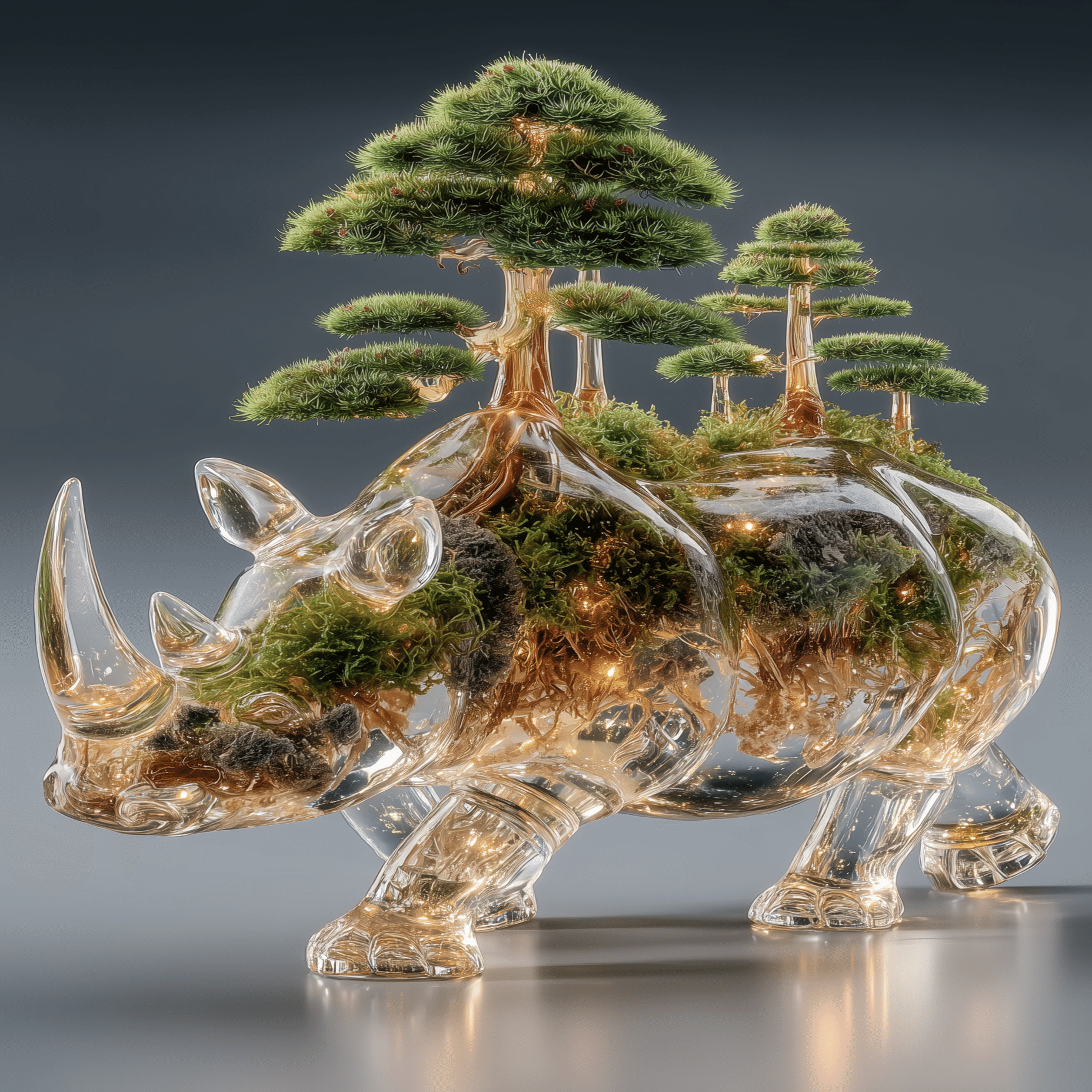 透明クリスタルのサイと盆栽が出会う「盆サイ」― Midjourneyで描く